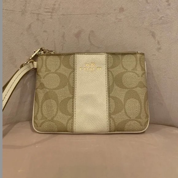 White and Tan Coach Signature Wristlet - Picture 1 of 4